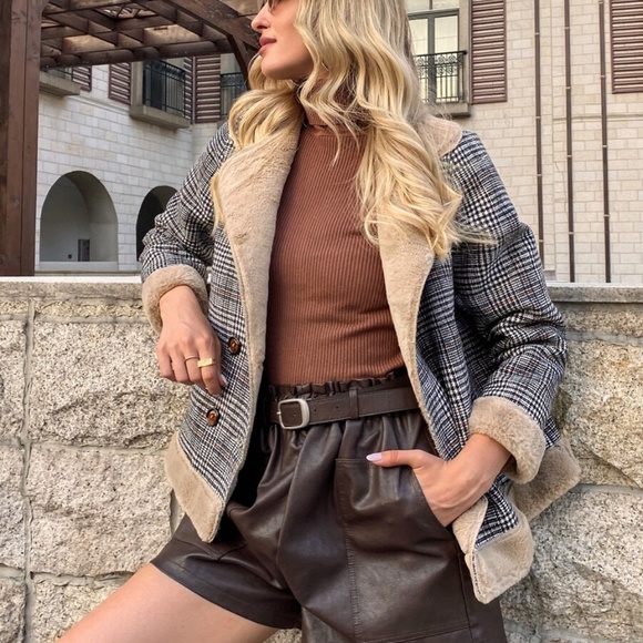 teddy shearling lined button plaid pea coat jacket - Picture 4 of 6